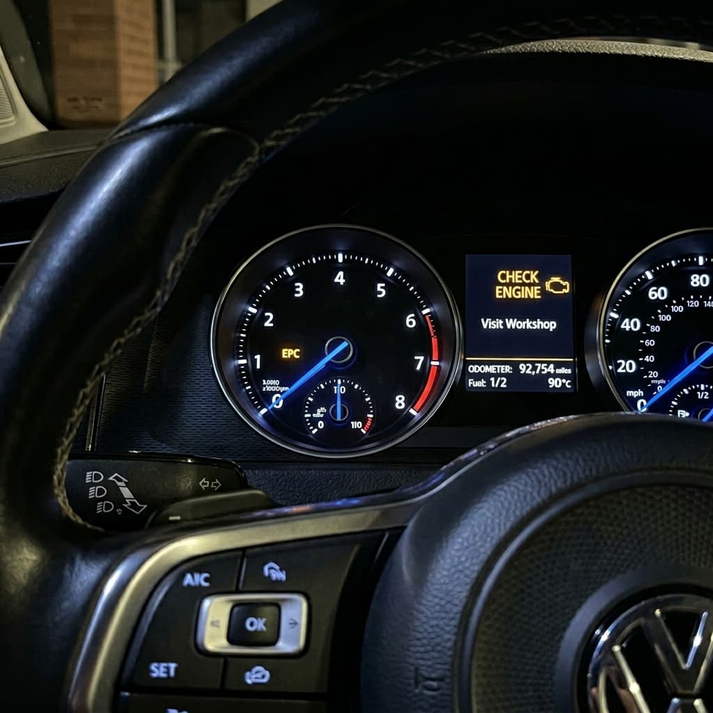 Amber engine management warning light illuminated on a car dashboard