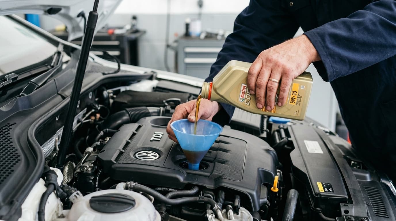 Fresh oil being poured into a car engine